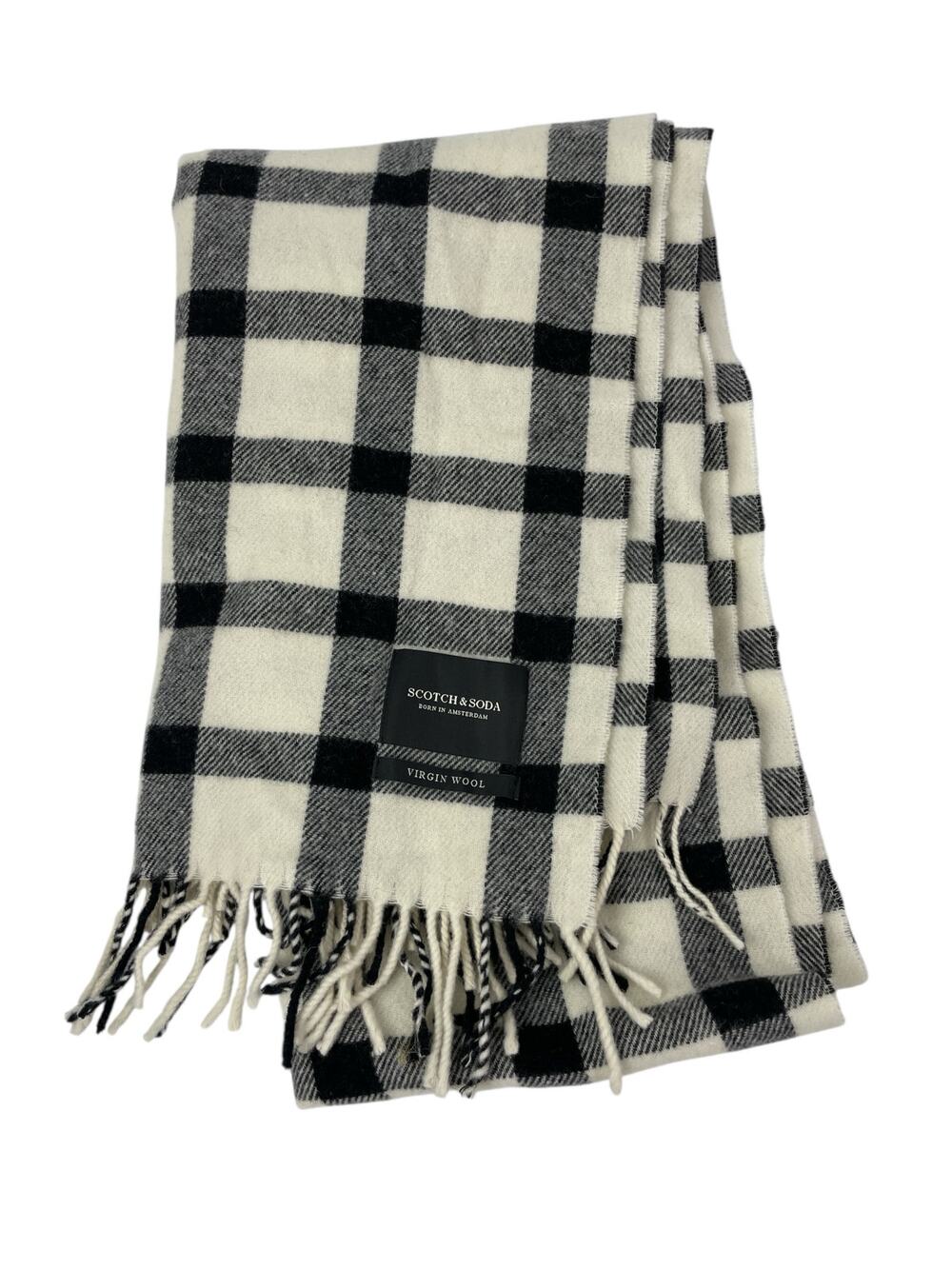 Scotch & Soda Wool Black White Plaid Check Fringe Snow Shawl Wrap Neck Scarf OS
